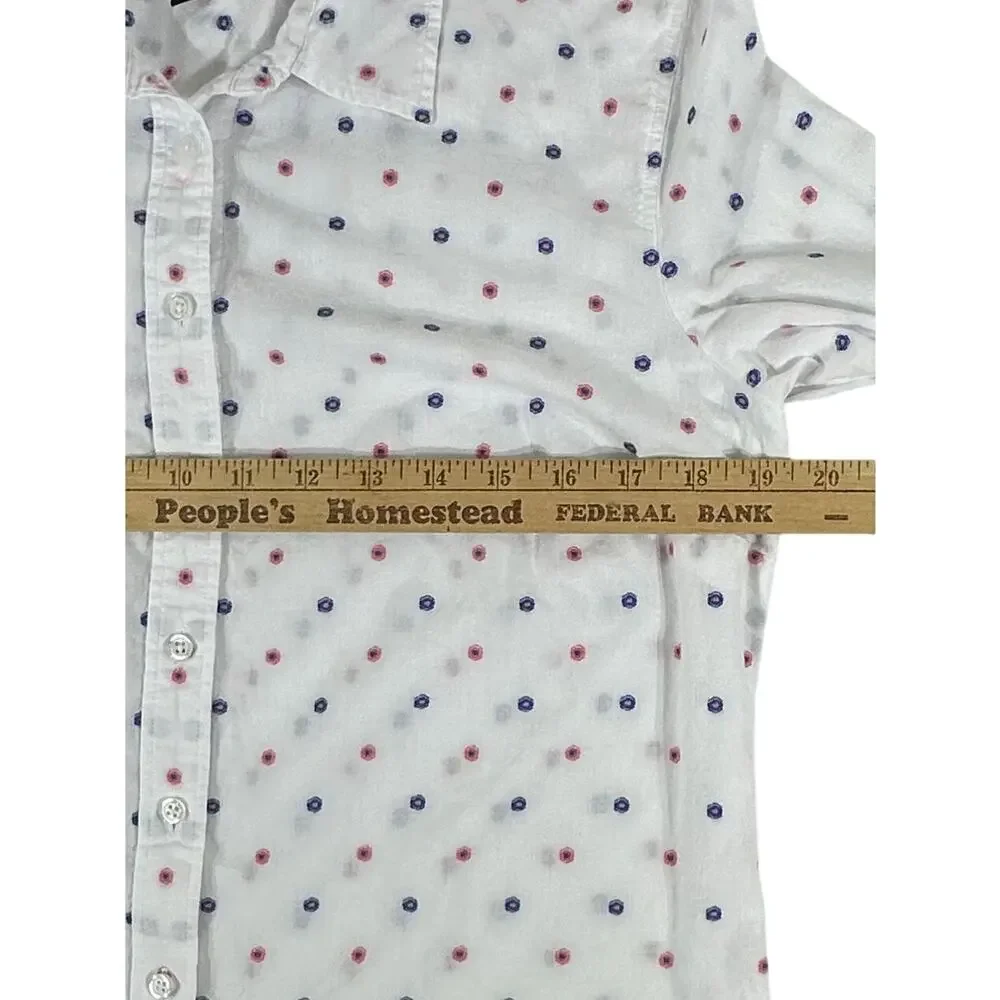 Talbots Button Up Shirt Size Medium White Pink Blue Embroidered Dots 100% Cotton